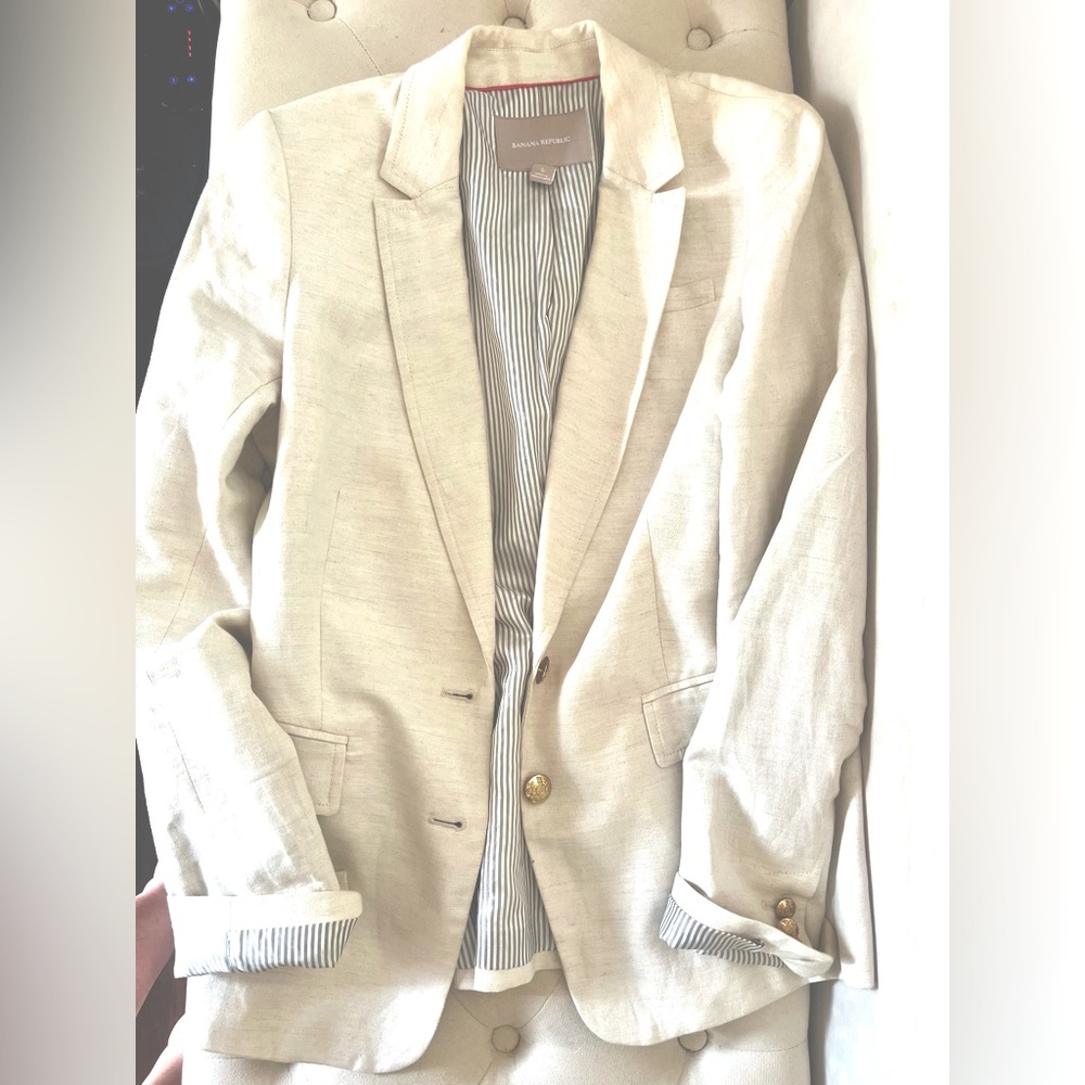 Banana Republic Linen Natural Satin Lined Ivory Taupe Blazer Jacket 6